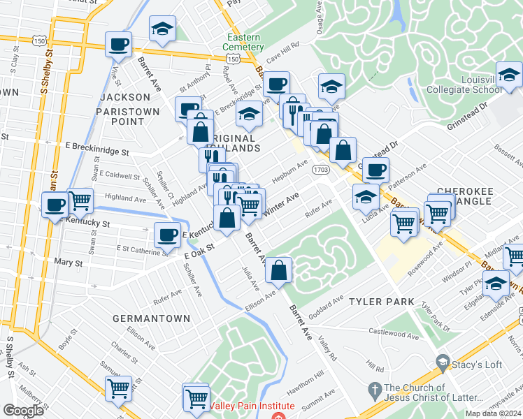map of restaurants, bars, coffee shops, grocery stores, and more near 1329 Winter Avenue in Louisville