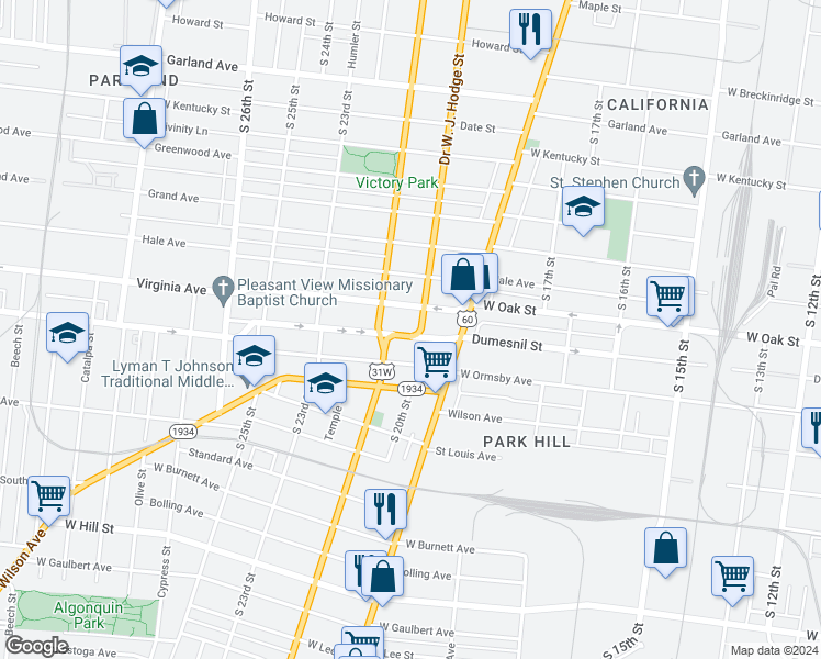 map of restaurants, bars, coffee shops, grocery stores, and more near 2107 Dumesnil Street in Louisville