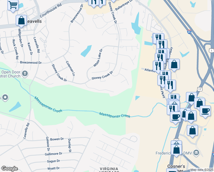 map of restaurants, bars, coffee shops, grocery stores, and more near 121 Valley View Road in Fredericksburg