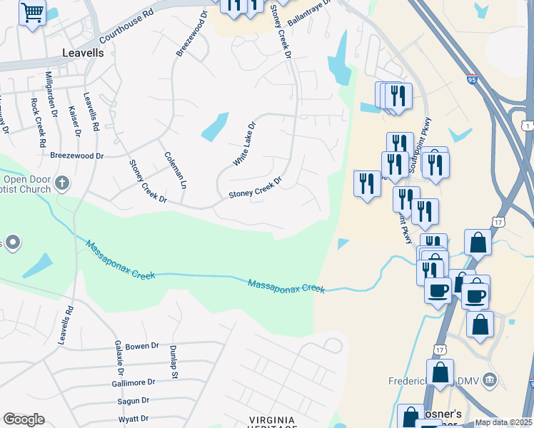 map of restaurants, bars, coffee shops, grocery stores, and more near 121 Valley View Road in Fredericksburg