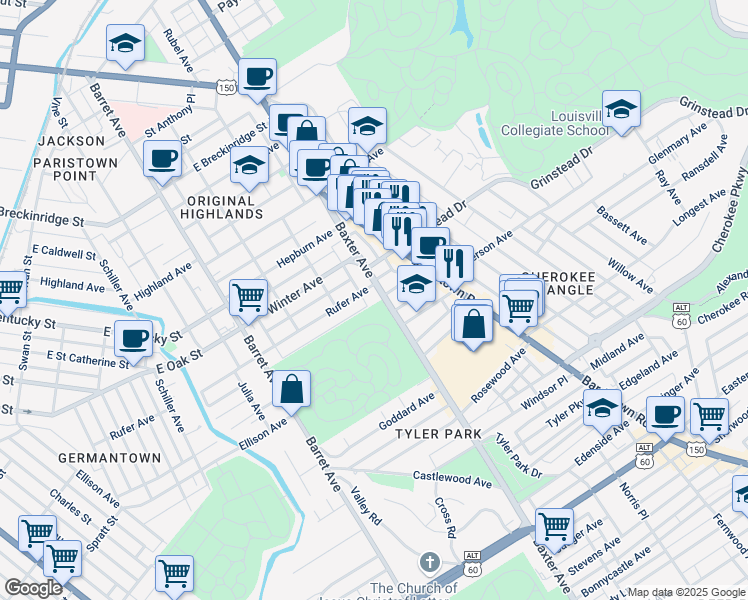 map of restaurants, bars, coffee shops, grocery stores, and more near 1110 Baxter Avenue in Louisville
