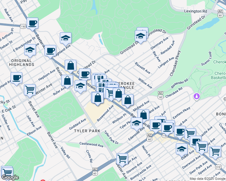 map of restaurants, bars, coffee shops, grocery stores, and more near 1264 Cherokee Road in Louisville