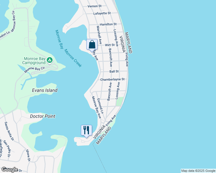map of restaurants, bars, coffee shops, grocery stores, and more near 1221 Bancroft Avenue in Colonial Beach