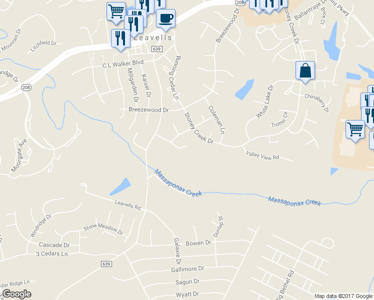 map of restaurants, bars, coffee shops, grocery stores, and more near 210 Creek Lane in Fredericksburg