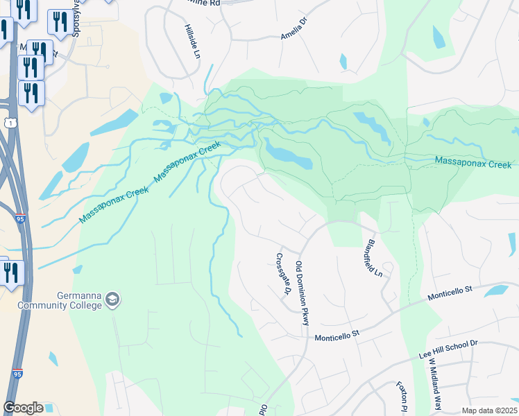 map of restaurants, bars, coffee shops, grocery stores, and more near 10100 Chatham Court in Fredericksburg