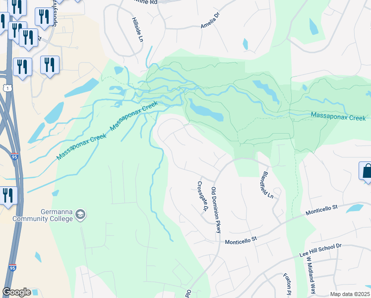 map of restaurants, bars, coffee shops, grocery stores, and more near 10100 Chatham Court in Fredericksburg
