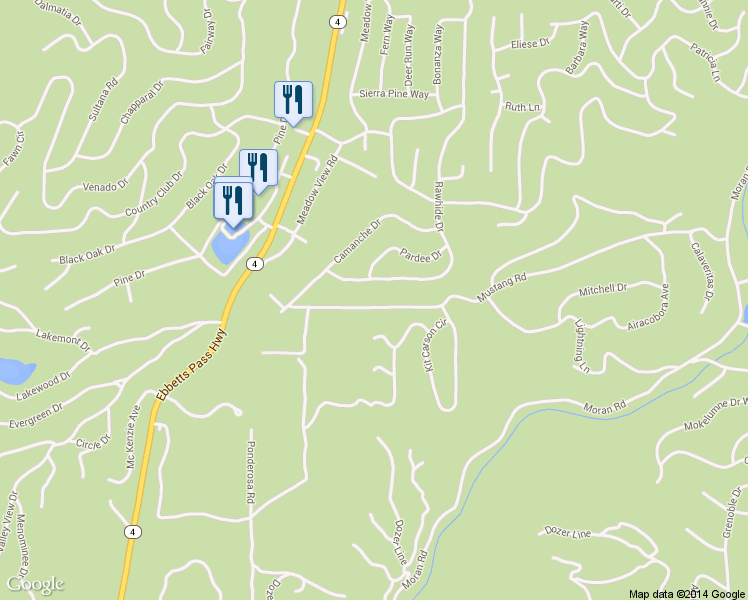 map of restaurants, bars, coffee shops, grocery stores, and more near 2320 Mustang Road in Arnold