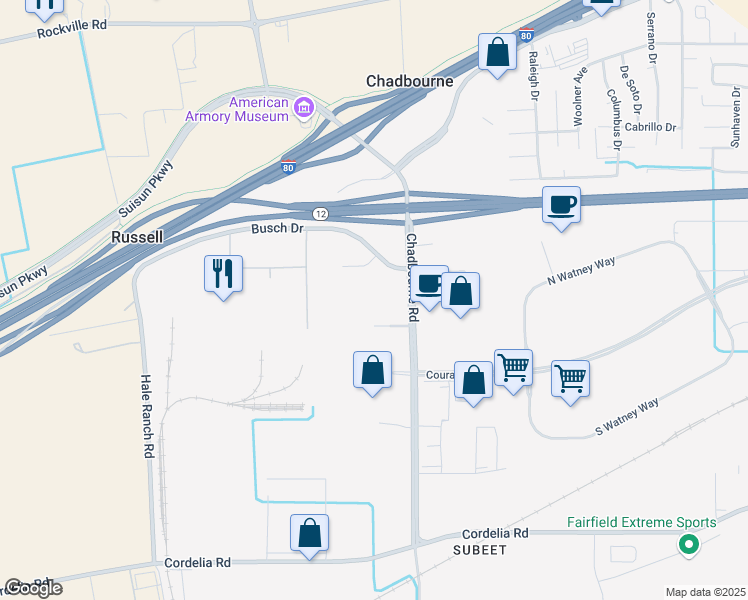 map of restaurants, bars, coffee shops, grocery stores, and more near 2702 Low Court in Fairfield