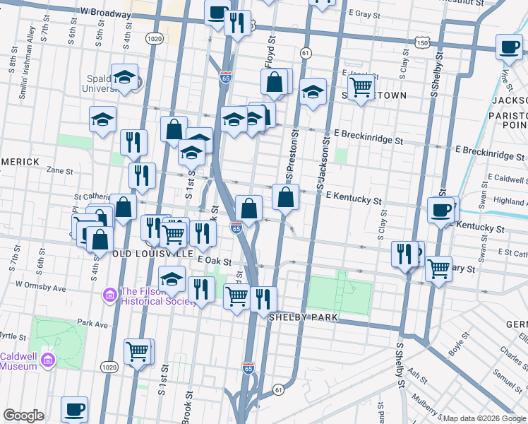 map of restaurants, bars, coffee shops, grocery stores, and more near 315 East Saint Catherine Street in Louisville