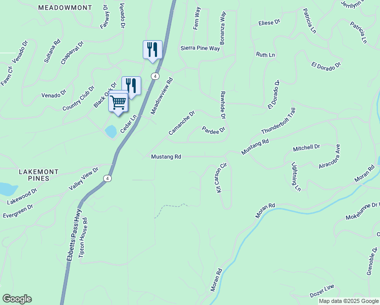 map of restaurants, bars, coffee shops, grocery stores, and more near 2320 Mustang Road in Arnold