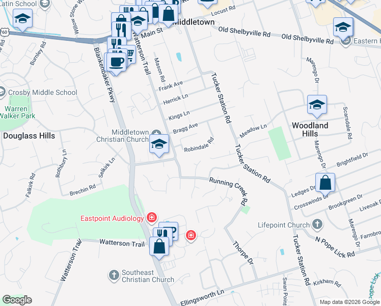 map of restaurants, bars, coffee shops, grocery stores, and more near 11710 Robindale Road in Middletown