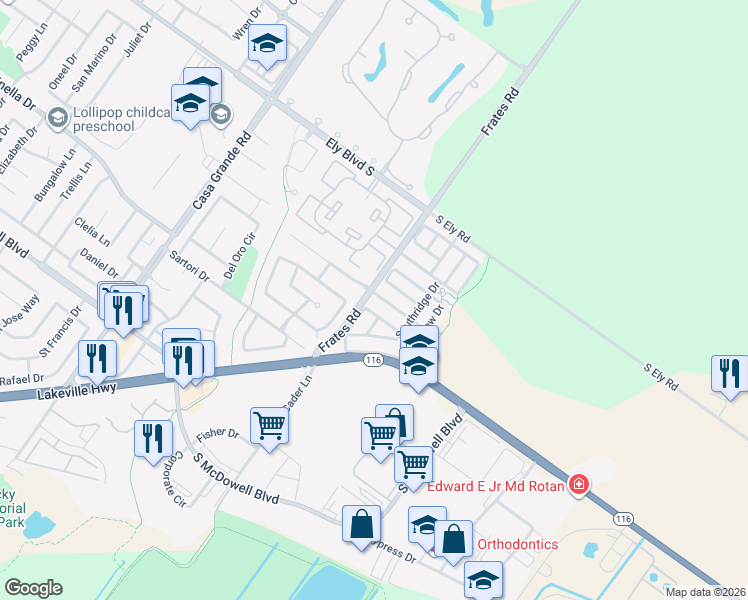 map of restaurants, bars, coffee shops, grocery stores, and more near 1701 Devin Drive in Petaluma
