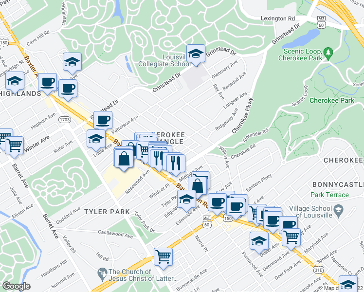 map of restaurants, bars, coffee shops, grocery stores, and more near 2118 Longest Avenue in Louisville