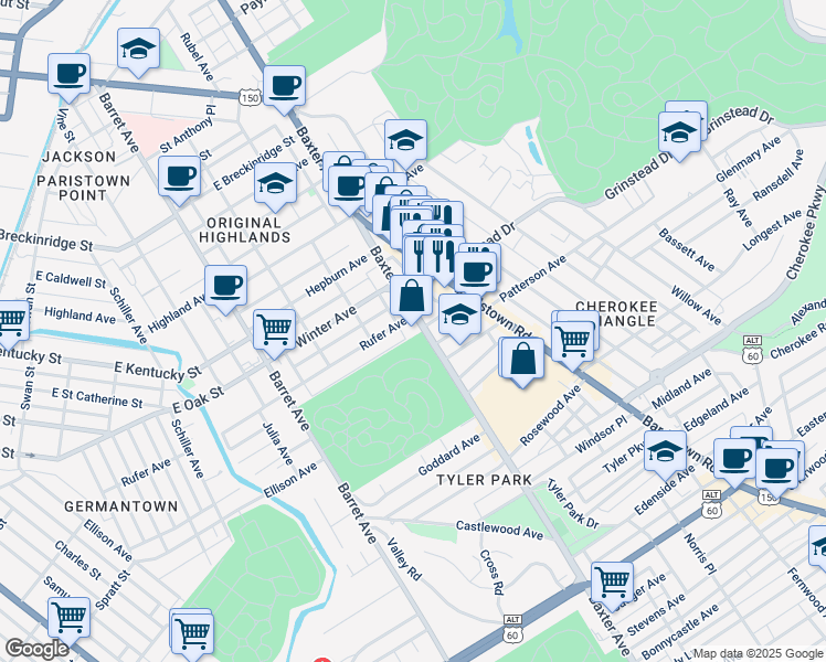 map of restaurants, bars, coffee shops, grocery stores, and more near 1110 Baxter Avenue in Louisville