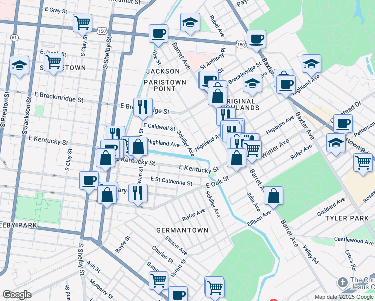 map of restaurants, bars, coffee shops, grocery stores, and more near 980 Schiller Avenue in Louisville