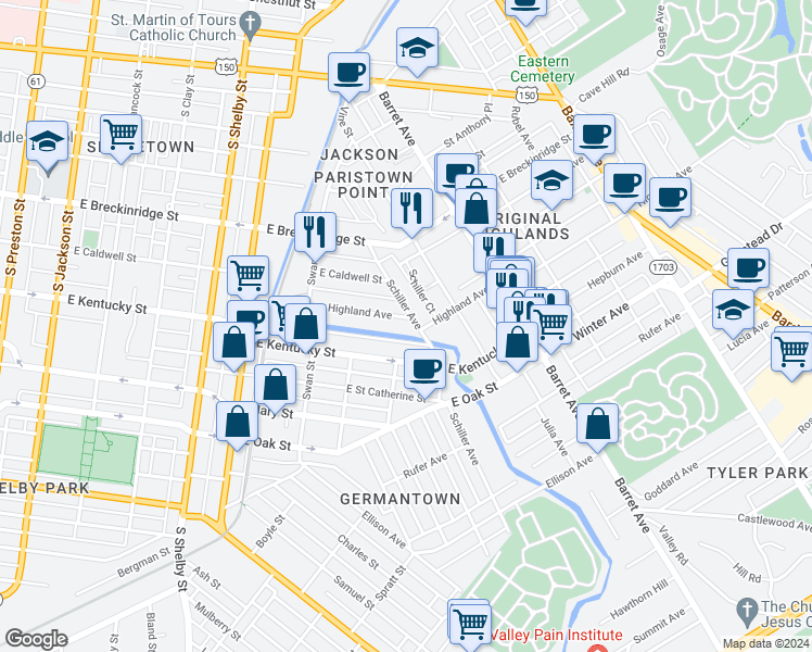 map of restaurants, bars, coffee shops, grocery stores, and more near 980 Schiller Avenue in Louisville