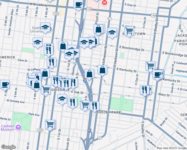map of restaurants, bars, coffee shops, grocery stores, and more near 315 East Saint Catherine Street in Louisville