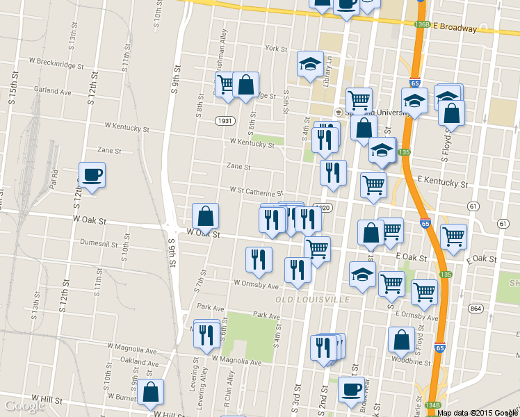 map of restaurants, bars, coffee shops, grocery stores, and more near 1122 Garvin Place in Louisville