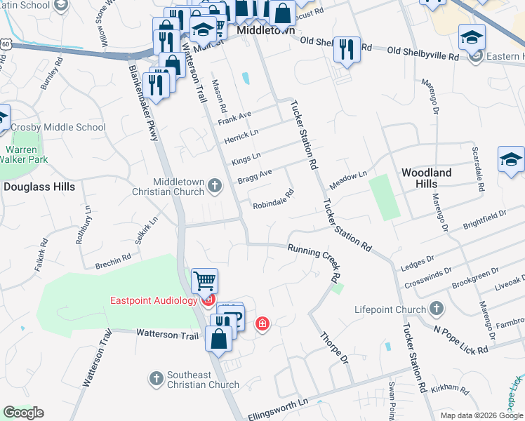 map of restaurants, bars, coffee shops, grocery stores, and more near 11710 Robindale Road in Middletown
