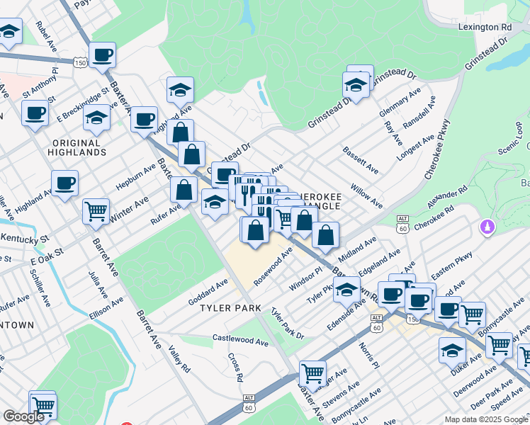 map of restaurants, bars, coffee shops, grocery stores, and more near 1241 Bardstown Road in Louisville