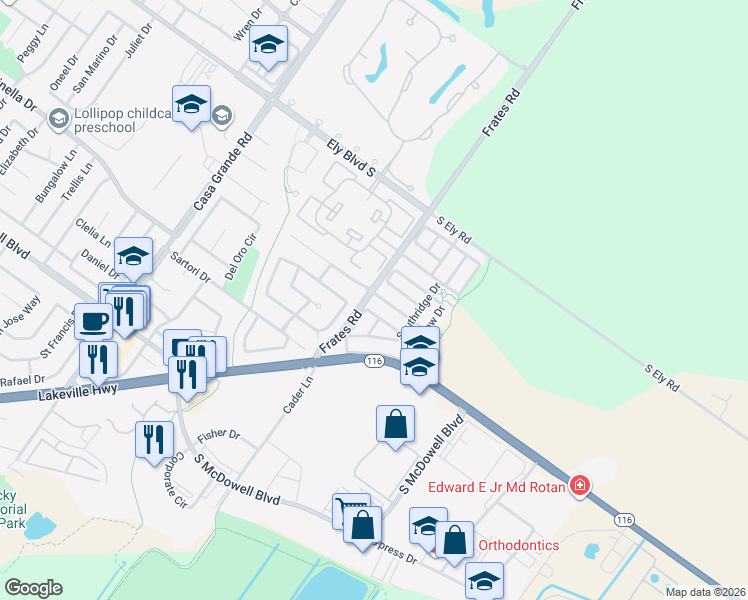 map of restaurants, bars, coffee shops, grocery stores, and more near 1701 Devin Drive in Petaluma