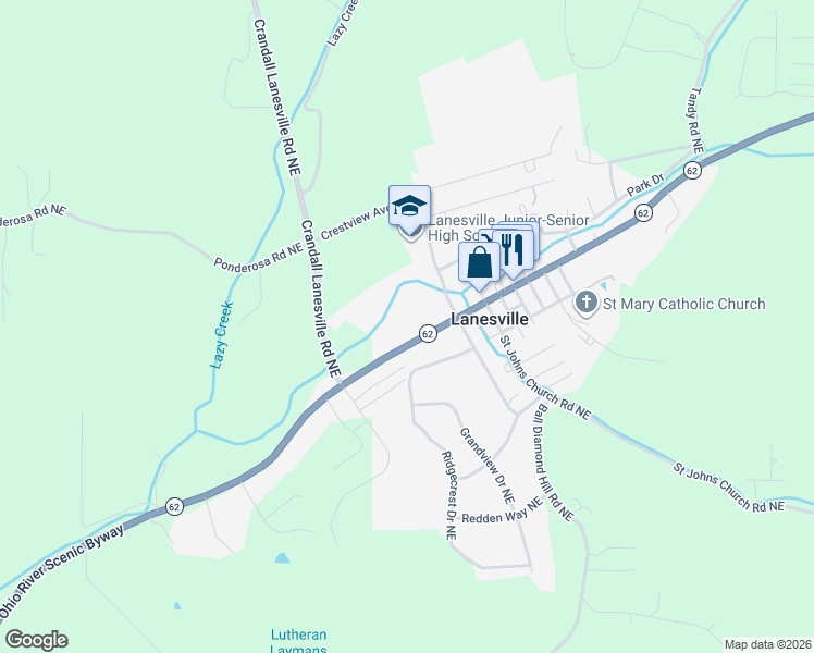 map of restaurants, bars, coffee shops, grocery stores, and more near 2498 Scenic Dr NE in Lanesville