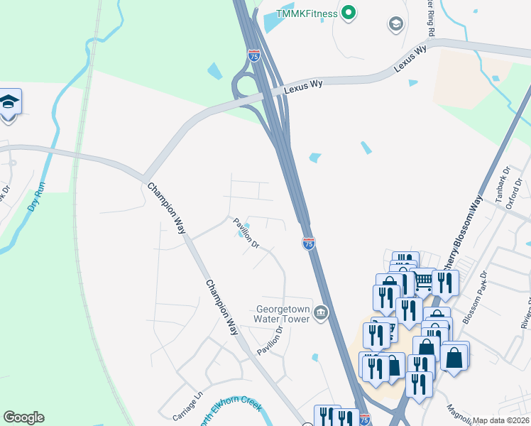 map of restaurants, bars, coffee shops, grocery stores, and more near 119 Starting Gate Point in Georgetown