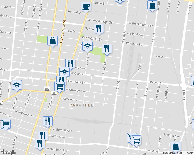 map of restaurants, bars, coffee shops, grocery stores, and more near 1618 West Oak Street in Louisville