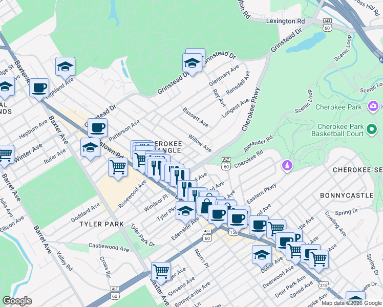 map of restaurants, bars, coffee shops, grocery stores, and more near 1319 Everett Avenue in Louisville