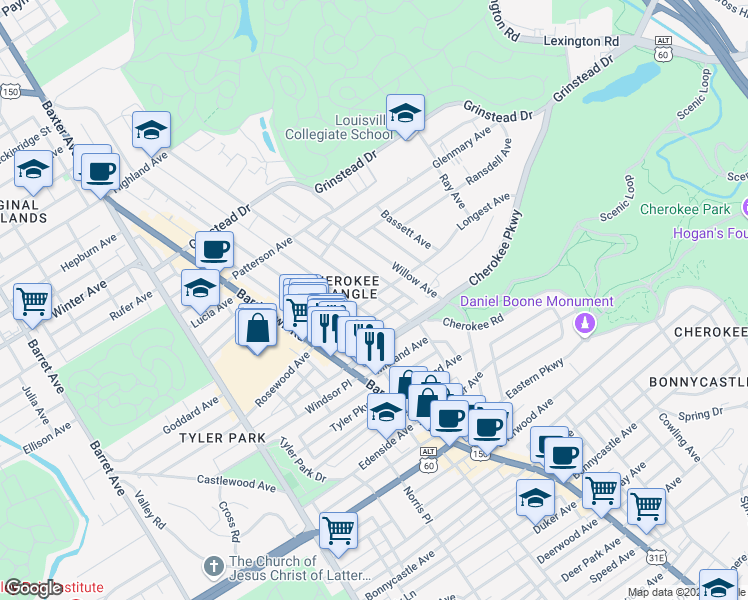 map of restaurants, bars, coffee shops, grocery stores, and more near 2118 Longest Avenue in Louisville