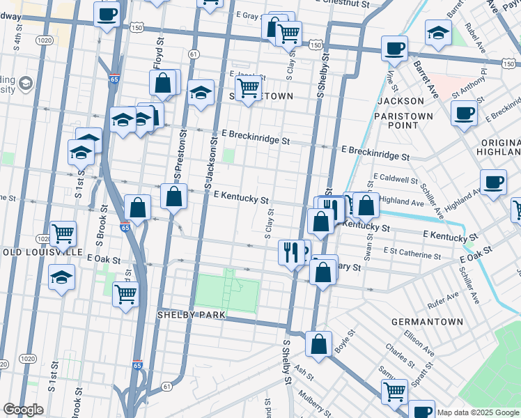 map of restaurants, bars, coffee shops, grocery stores, and more near 1008 South Clay Street in Louisville