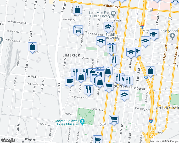 map of restaurants, bars, coffee shops, grocery stores, and more near 1122 Garvin Place in Louisville