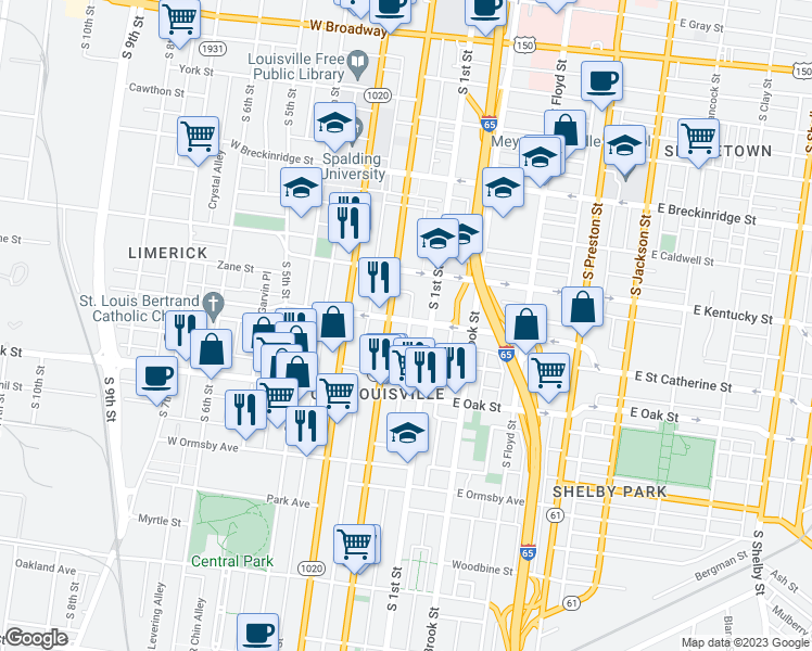 map of restaurants, bars, coffee shops, grocery stores, and more near 118 Saint Catherine Street in Louisville