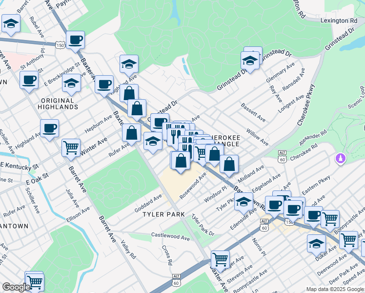 map of restaurants, bars, coffee shops, grocery stores, and more near 1241 Bardstown Road in Louisville