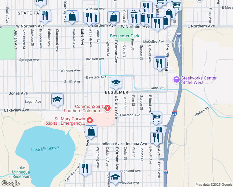map of restaurants, bars, coffee shops, grocery stores, and more near 1708 East Orman Avenue in Pueblo