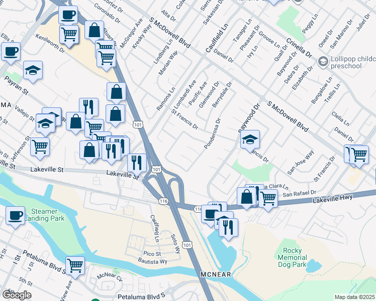 map of restaurants, bars, coffee shops, grocery stores, and more near 910 Sprucewood Court in Petaluma