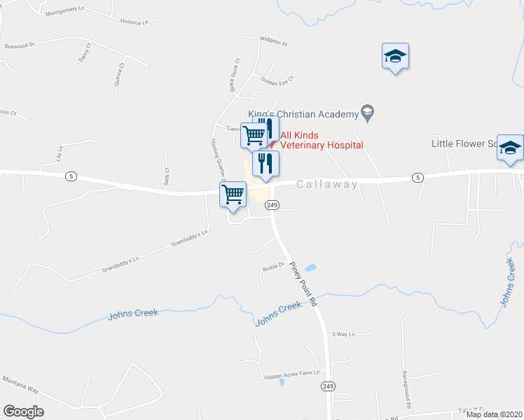 map of restaurants, bars, coffee shops, grocery stores, and more near 20721 Piney Point Road in Callaway