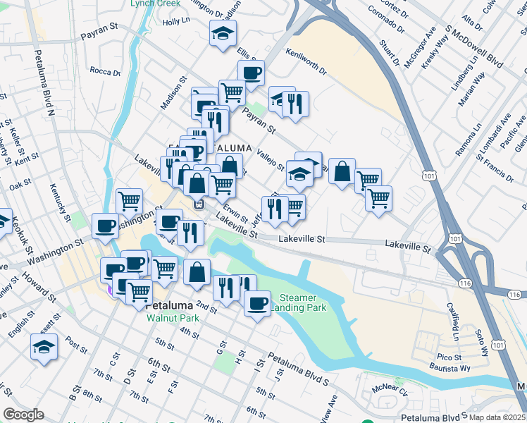 map of restaurants, bars, coffee shops, grocery stores, and more near 450 Jefferson Street in Petaluma