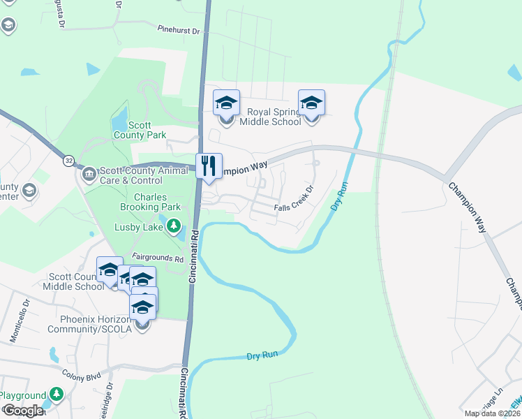 map of restaurants, bars, coffee shops, grocery stores, and more near 102-110 Falls Creek Drive in Georgetown