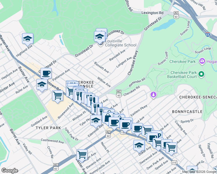 map of restaurants, bars, coffee shops, grocery stores, and more near 1402 Willow Avenue in Louisville