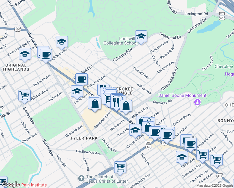 map of restaurants, bars, coffee shops, grocery stores, and more near in Louisville