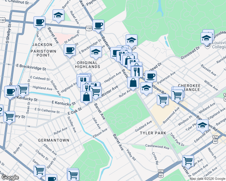 map of restaurants, bars, coffee shops, grocery stores, and more near in Louisville