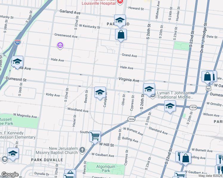 map of restaurants, bars, coffee shops, grocery stores, and more near 1309 Catalpa Street in Louisville