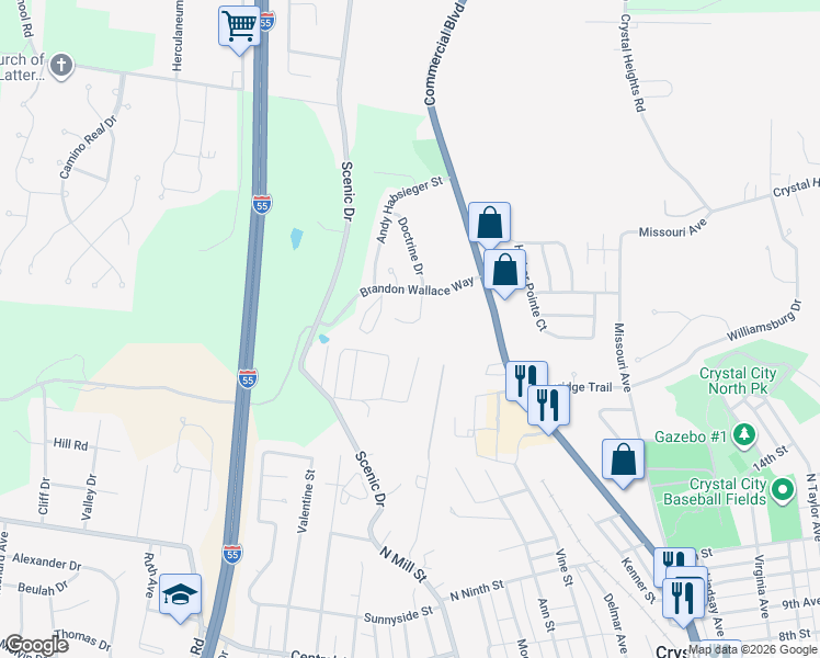 map of restaurants, bars, coffee shops, grocery stores, and more near 1832 Oak Drive in Festus