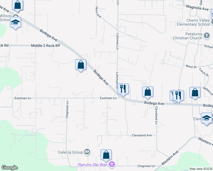 map of restaurants, bars, coffee shops, grocery stores, and more near 2177 Bodega Avenue in Petaluma