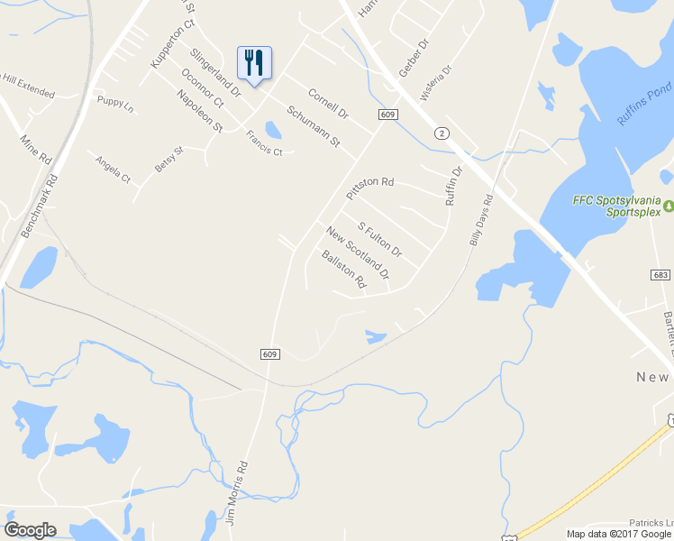 map of restaurants, bars, coffee shops, grocery stores, and more near 10112 Ballston Road in Fredericksburg