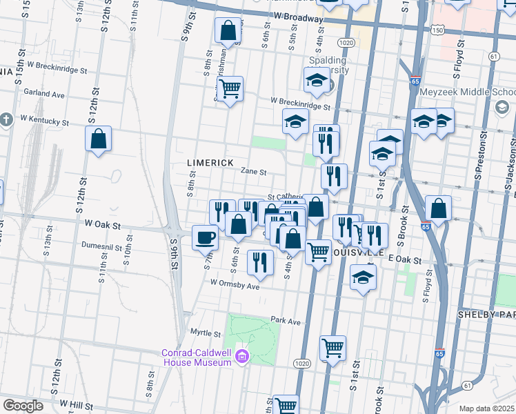 map of restaurants, bars, coffee shops, grocery stores, and more near 516 Bertrand Street in Louisville