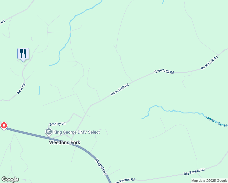 map of restaurants, bars, coffee shops, grocery stores, and more near 13393 Round Hill Road in King George