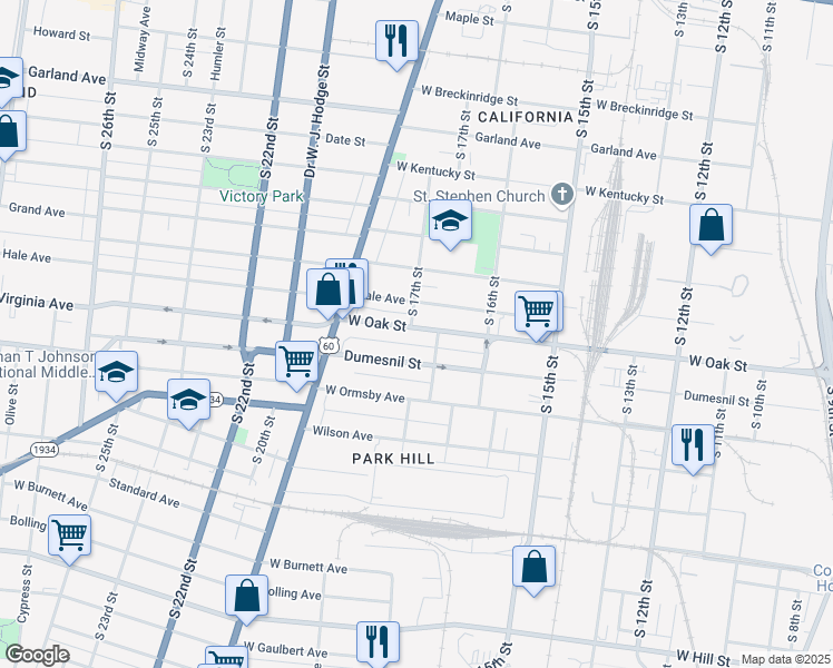 map of restaurants, bars, coffee shops, grocery stores, and more near 1716 West Oak Street in Louisville