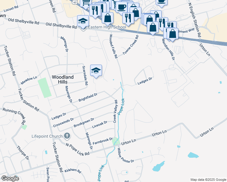 map of restaurants, bars, coffee shops, grocery stores, and more near 603 Creek Valley Road in Louisville